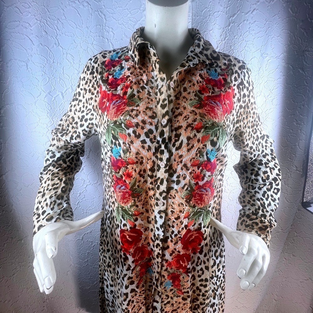 Savanna Jane Leopard Floral Embroidered Button Down Maxi Shirt Dress Size M - Picture 1 of 11
